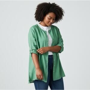 Tahari 100% Linen Tunic Top Women 2X Button Up Roll Tab Sleeve Green Lagenlook